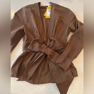 NWT Silvia Tcherassi Saanvi brown belted peplum bow tie long sleeve blouse